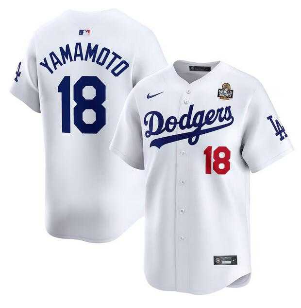 Mens Los Angeles Dodgers #18 Yoshinobu Yamamoto White 2024 World Series Home Limited Stitched Baseball Jersey